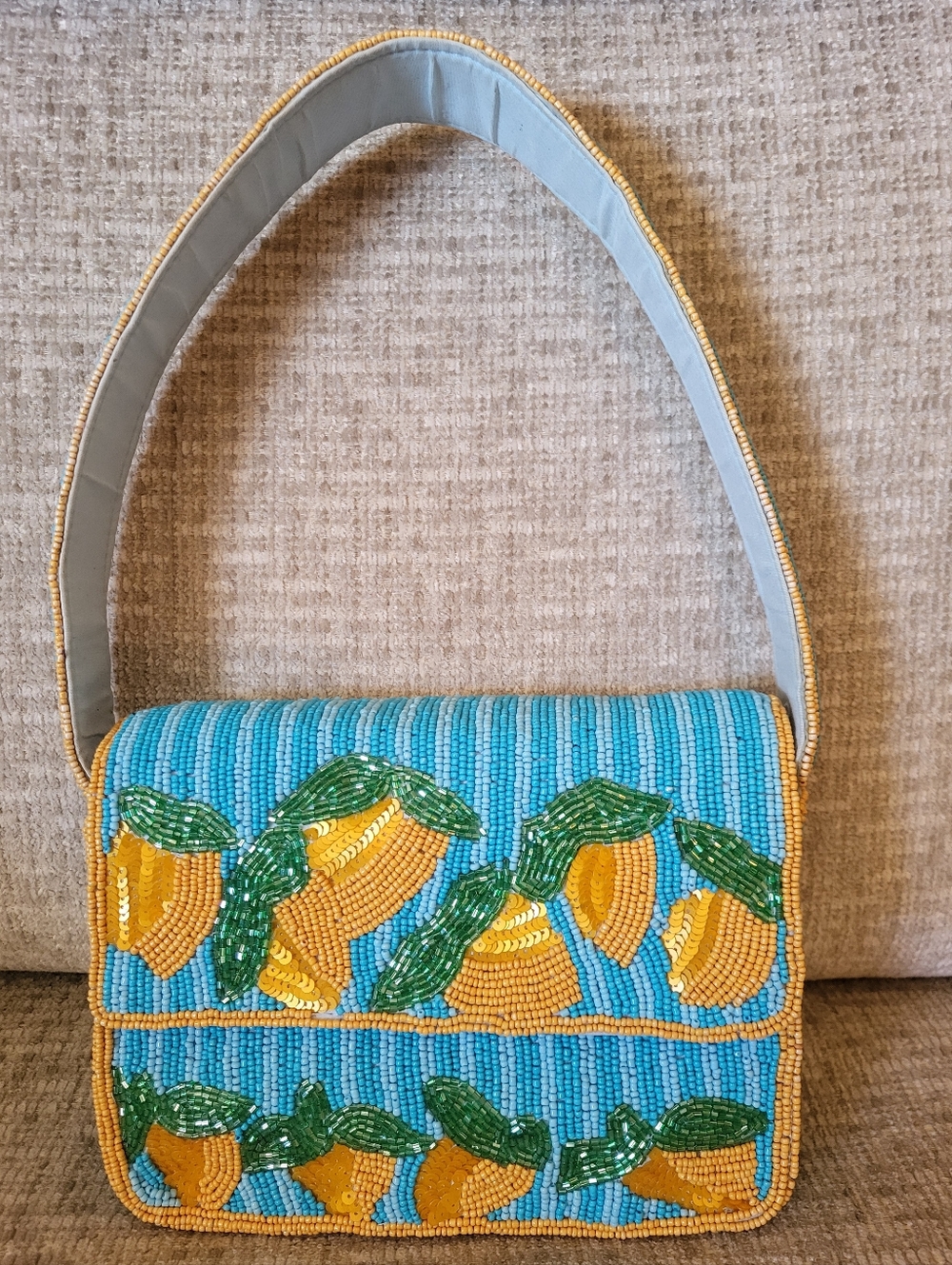 Hand-Beaded Blue & Gold Striped Lemon Motif Shoulder Bag. - Picture 5 of 16